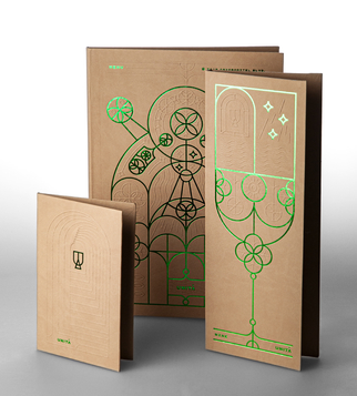 Menus with hard leather covers, embossing and green foil | J Point Plus